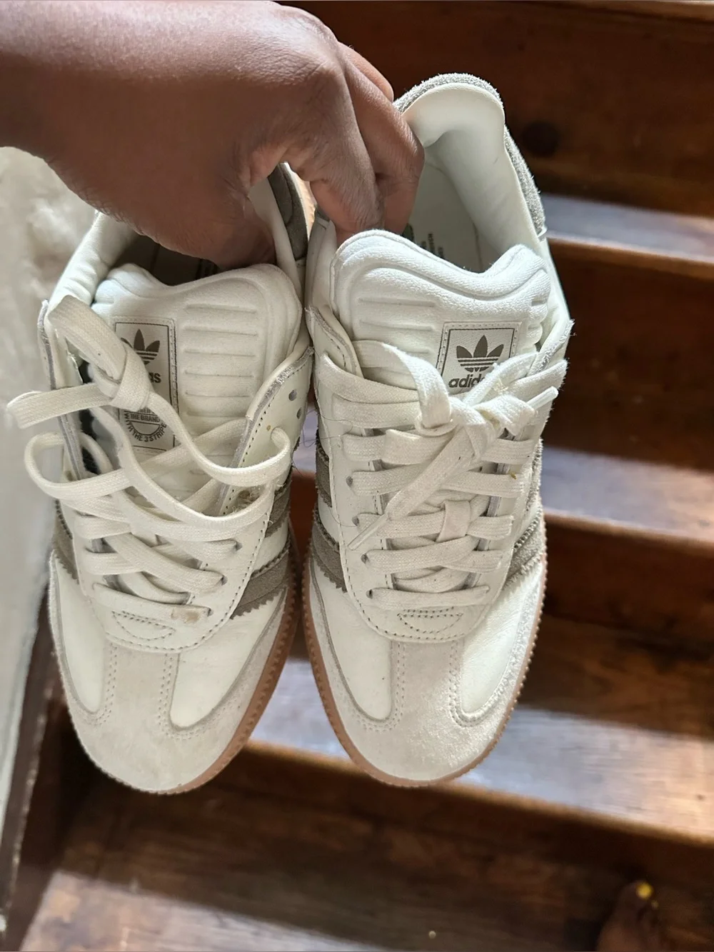 adidas Samba Low-Profile Sneakers in White and Taupe with Gum Sole